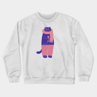 Cute blue cat with heart scarf flower Crewneck Sweatshirt